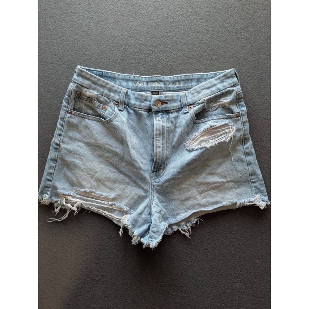 American Eagle Strigid Mom Shorts Womens 14 High Rise Distressed Cutoff Denim